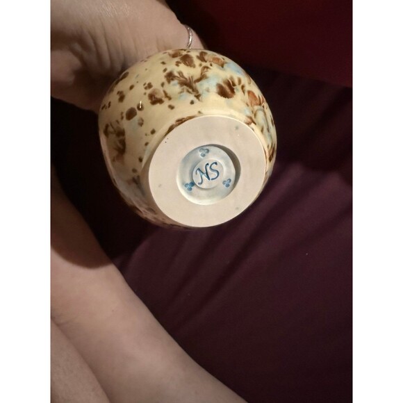 Handmade Ceramic Vase with Blue & Brown Glaze, Polkadots, Artist Signed NS or SN - Picture 6 of 10